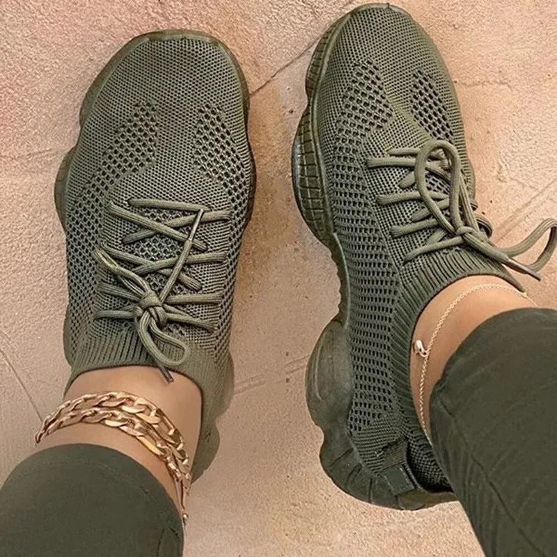 Air Mesh Women Fashion Sport Lace Up Sneaker Non-Slip Comfy Sock Shoes