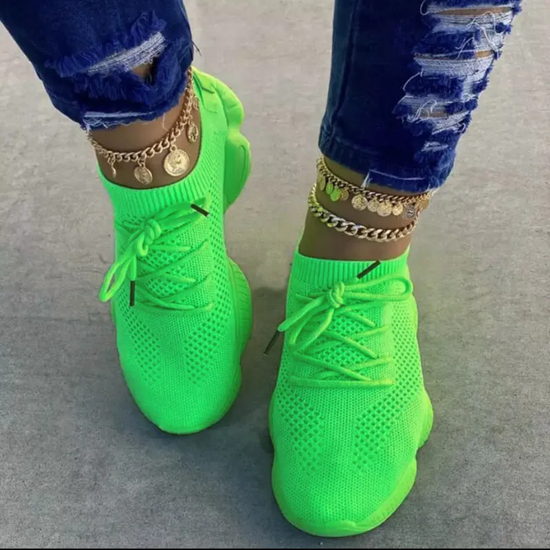 Air Mesh Women Fashion Sport Lace Up Sneaker Non-Slip Comfy Sock Shoes