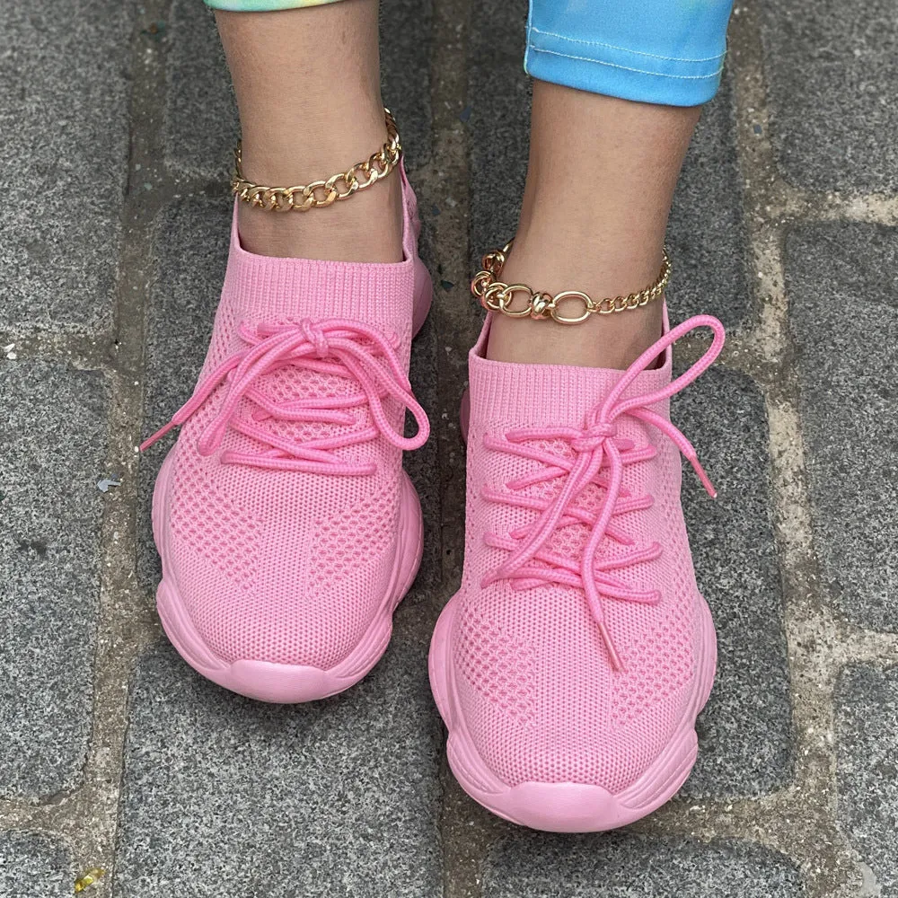 Air Mesh Women Fashion Sport Lace Up Sneaker Non-Slip Comfy Sock Shoes