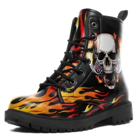 Coolcustomize Mens Black Combat Boots Fashion Cool Lace-Up Skull Rose Ankle Booties Chunky Heel Platform Vegan Leather Boots,058-2302001