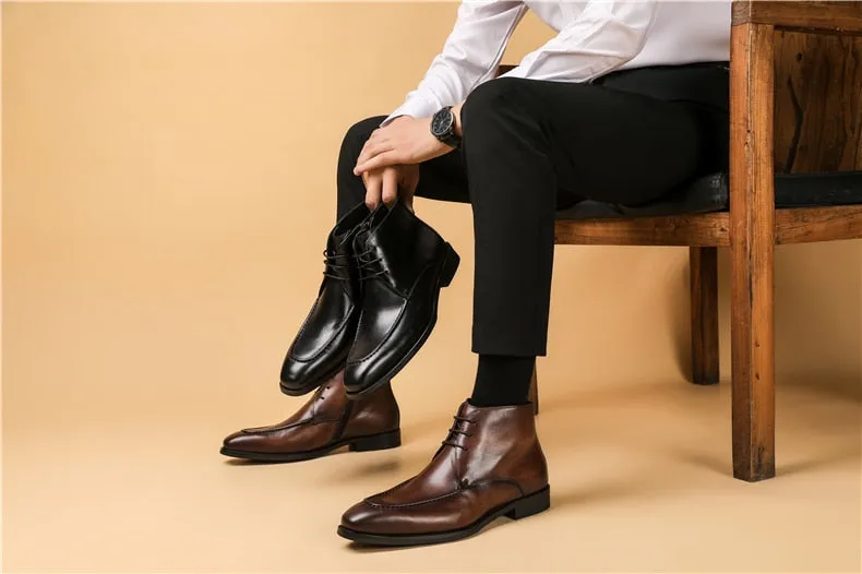Men Genuine Cow Leather Chelsea boots Lace Up Dress Boots