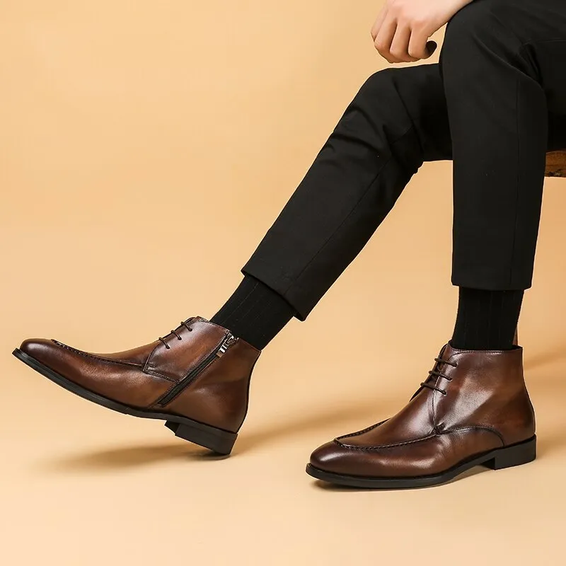Men Genuine Cow Leather Chelsea boots Lace Up Dress Boots